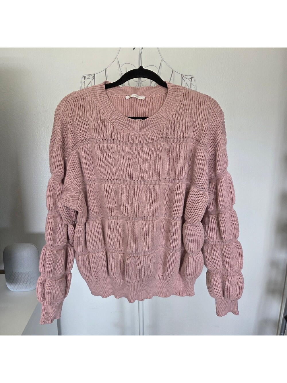 Romantic Mauve Tiered Balloon Sleeve Crewneck Pullover Sweater Size Medium
